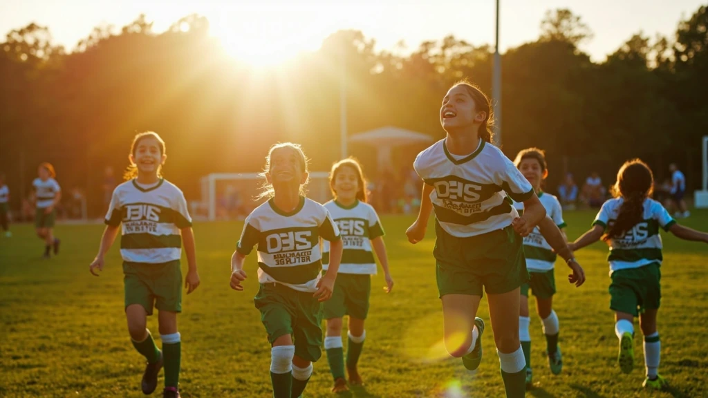 Lake Norman Soccer youth players celebrating on the pitch at golden hour