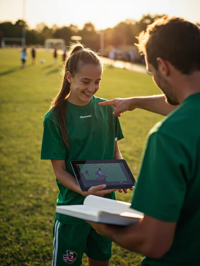 A Lake Norman Soccer U17 player reviewing Hudl recruiting film with her coach