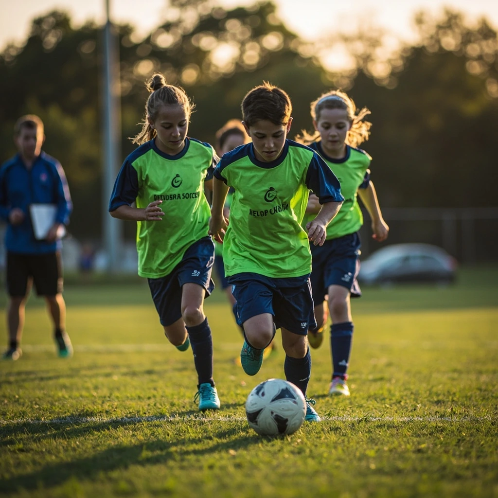 Competitive U10–U14 team running a passing drill under a licensed coach in Mooresville.