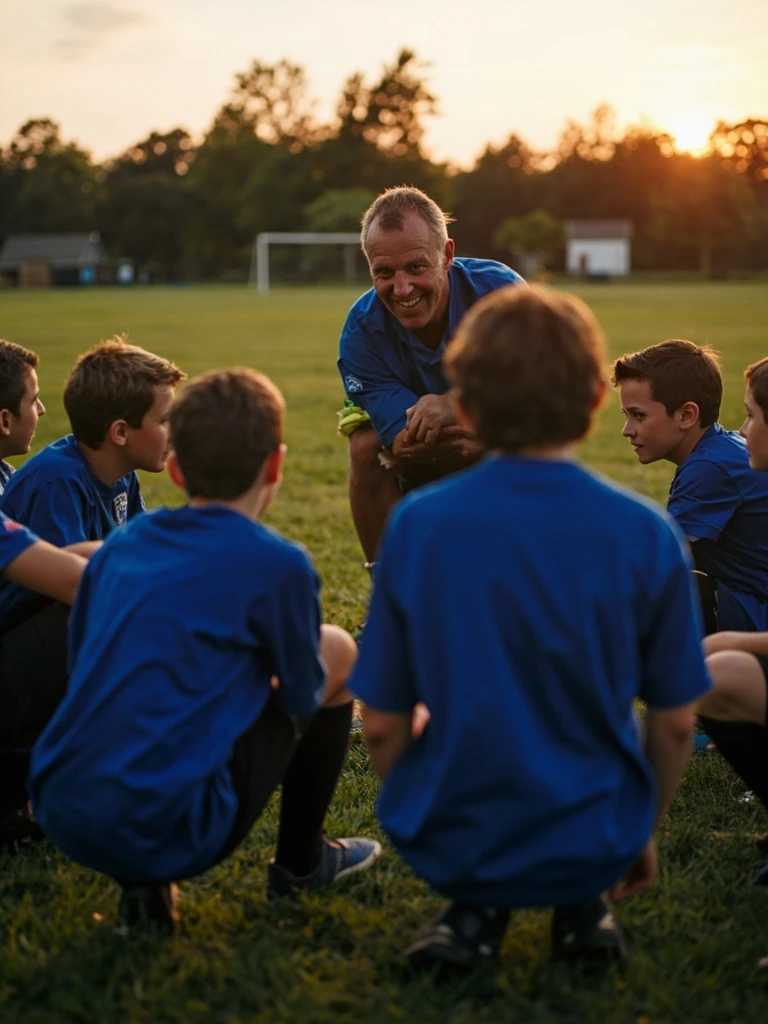 Competitive U12 team huddling around a coach at a Tuesday evening training session.